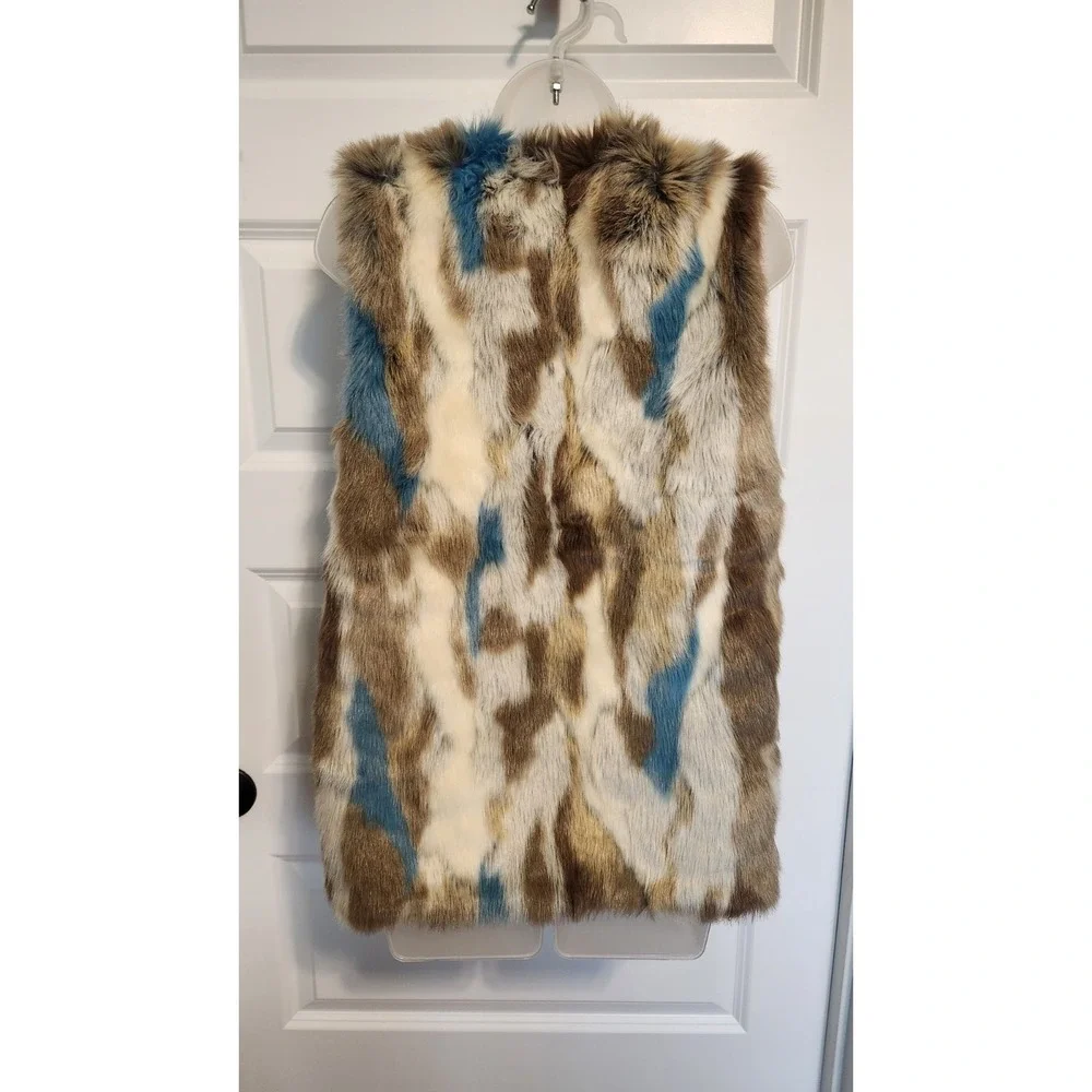 Luxe Patchwork Faux Fur Vest Soft Sleek Brown Blue Multi Mob Wife Aesthetic S - Picture 5 of 10